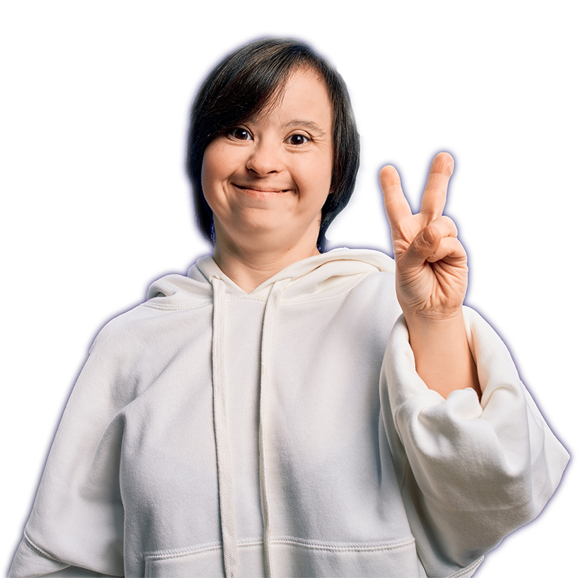 Girl wearing hoodie and holding her fingers the in the peace sign